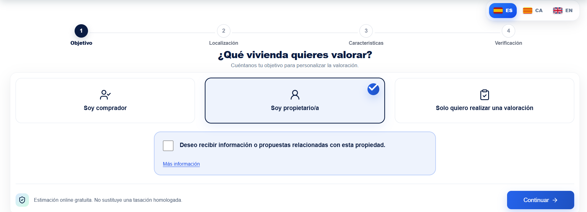 Paso 1 del valorador inmobiliario Captarium