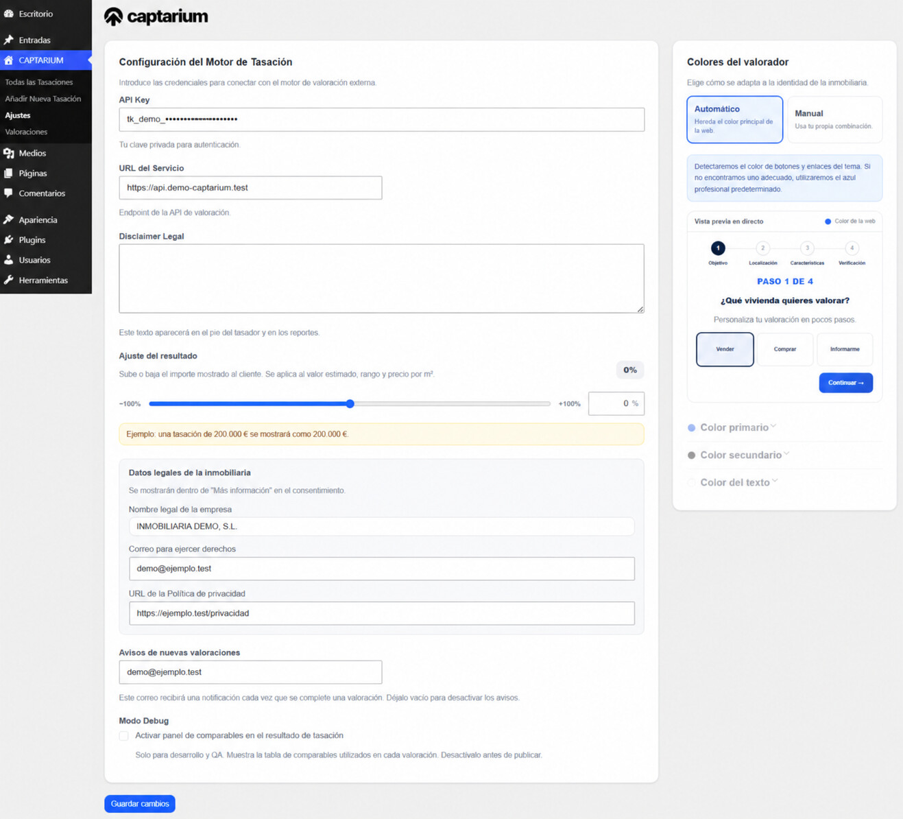 Configuración del backend Premium de Captarium